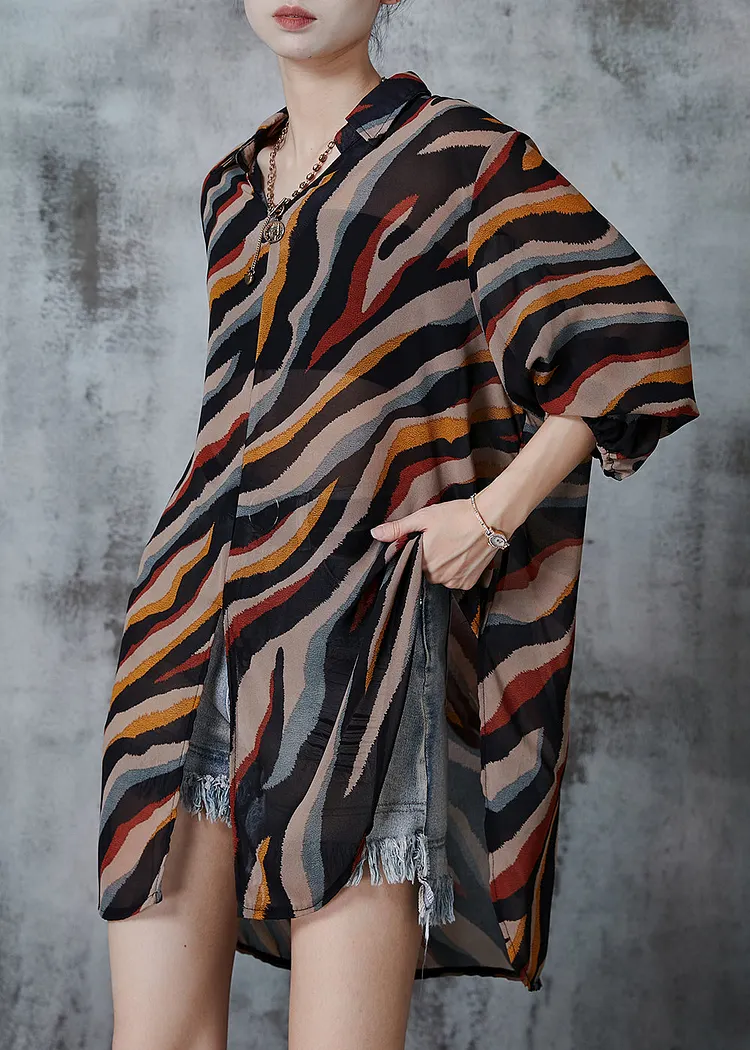 Brown Print Chiffon Long Shirt Tops Oversized Fall