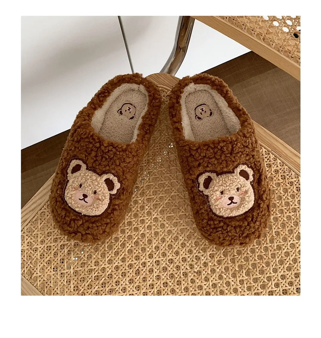 2022 Winter Women Slipper Lovely Bear Cartoon Plush Cotton Home Slippers Female Indoor Household Anti-Skid Thick Bottom Slipper