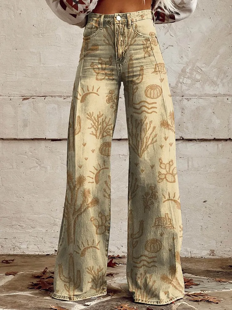 Women's Yellow Western Print Casual Wide Leg Pants