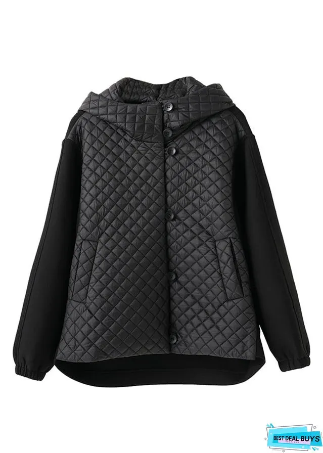 Women Black Hooded Button Cotton Filled Coats Long Sleeve