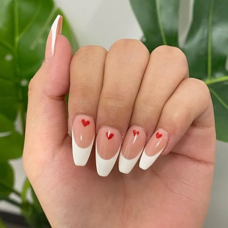 24Pcs Coffee Color With Grids Heart Designs False Nail Full Cover Fake Nails with Glue Detachable Wearable Manicure Nail Tips-Nail Inspo