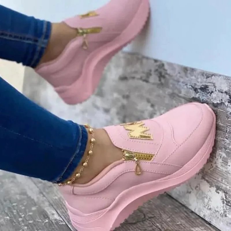 Qengg New Women Sneakers Slip on Zipper Thick Bottom Solid Color Vulcanized Shoes Casual Wedge Walking Flats Zapatillas De Mujer