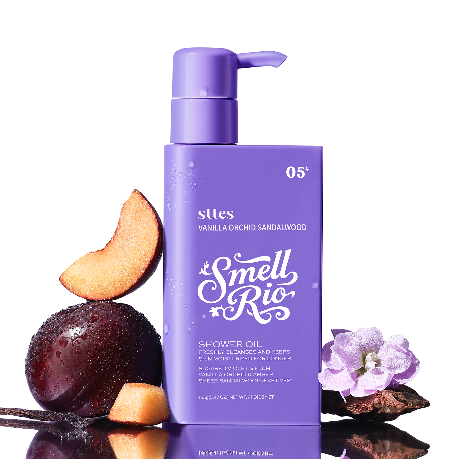 Sttes Shower Oil 05# (Vanilla Orchid Sandalwood) - Natural Moisturizing Body Cleanser with Sunflower, Jojoba & Macadamia Oils, Paraben & Mineral Oil Free, 155g/5.47 Oz