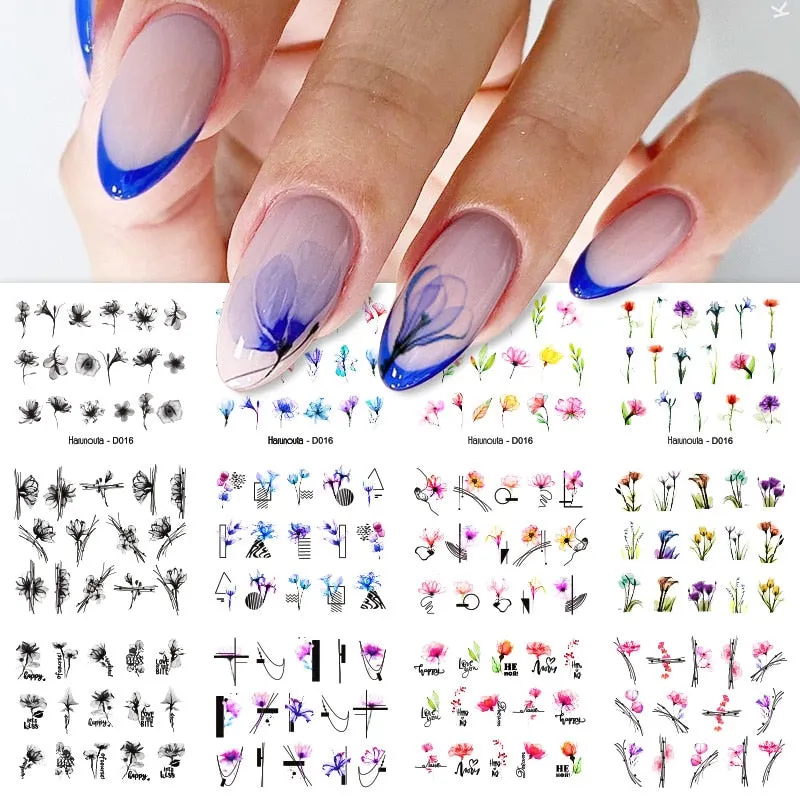 12pcs Geometric Lines Nail Sliders Water Sticker Set Flowers Leaves Design Watercolor Ink DIY Manicures Nail Art Decals Foil