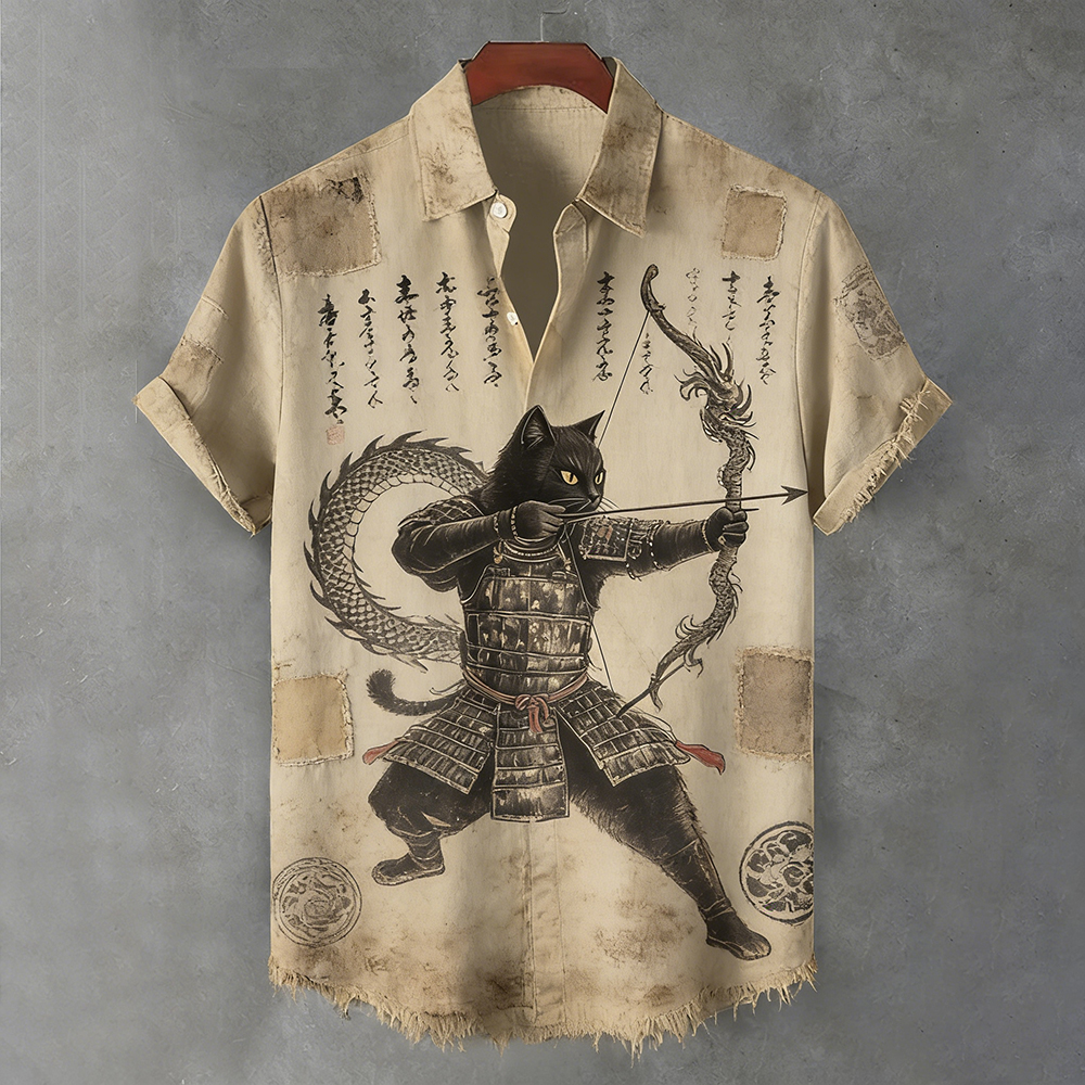 Men's Retro Cat Samurai And Dragon Art Print Short Sleeve Shirt elevenforest