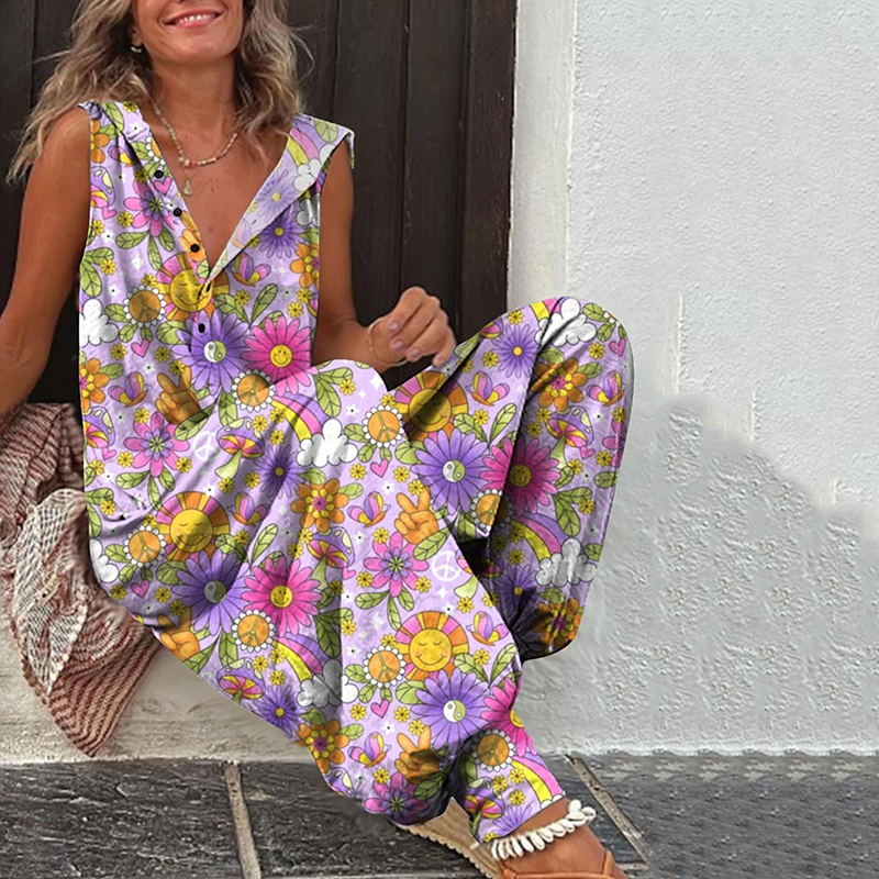 Vintage Hippie Vibe Floral Pattern Linen Blend Single-breasted Sleeveless Hooded Jumpsuit artswardrobe