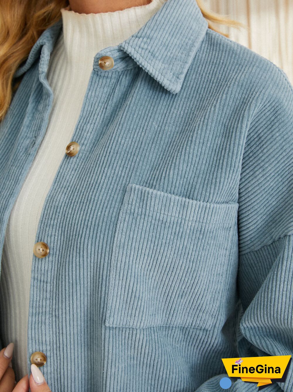 Corduroy Ribbed Solid Pocket Button Lapel Long Sleeve Jakcet