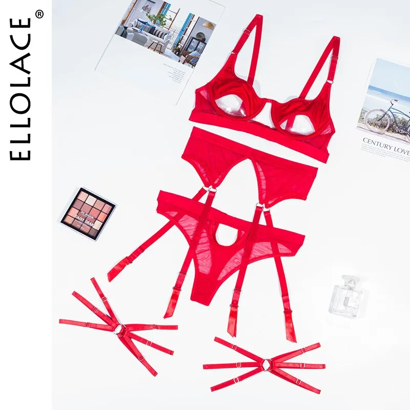 Ellolace Hollow Out Erotic Lingerie Apparel Underwear Set Solid Sexy Costume Bra 3 Piece Porn Sissy Intimate Sensual Sex Suit
