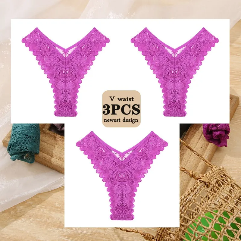 3PCS/Set Floral Lace Panties Perspective Sexy Underwear Women Panties Brazilian Briefs Lingerie V Waist Design Female Underpants