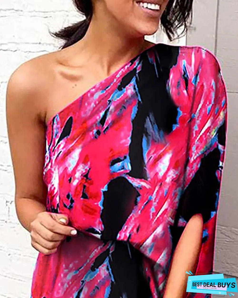 Colorful Print One Shoulder Slit Dress
