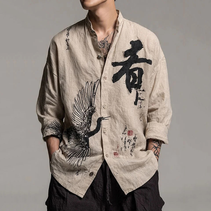 Men's Calligraphy Birds Japanese Art Pattern Long Sleeve Shirt elevenforest