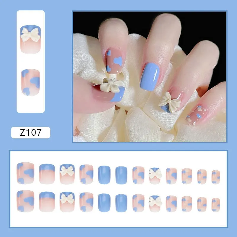 24pcs/box Fake Nails With Glue Yellow Flower Printed Type Short Paragraph Fashion Manicure Press On False Nails Gifts For Girls-Nail Inspo