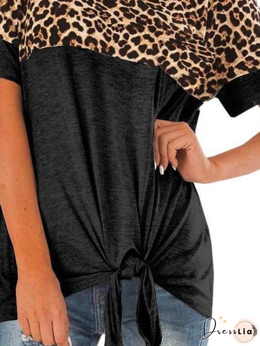 Leopard Print Stitching Ribbon Bow T-shirt for Women
