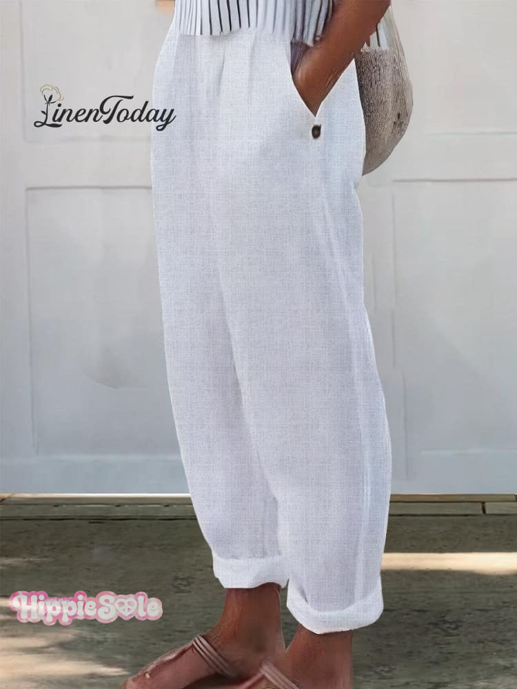 Women&rsquo;s Printed Cotton And Linen Casual Pants White / S