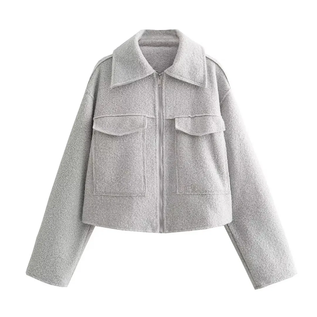 Nigikala Nigikala Spring/Autumn Festival New Women's Collar Large Pocket Zipper Short Long-Sleeved Jacket B88684