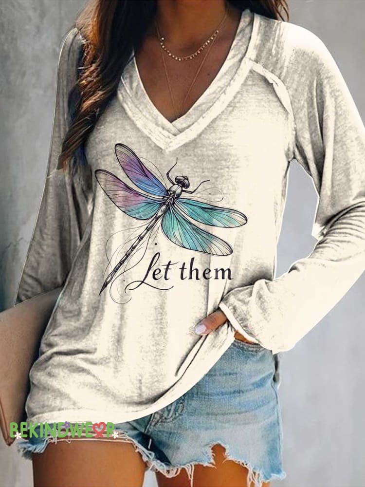 Women&rsquo;s Dragonfly Let Them Print V Neck Long Sleeve Tops Color / S