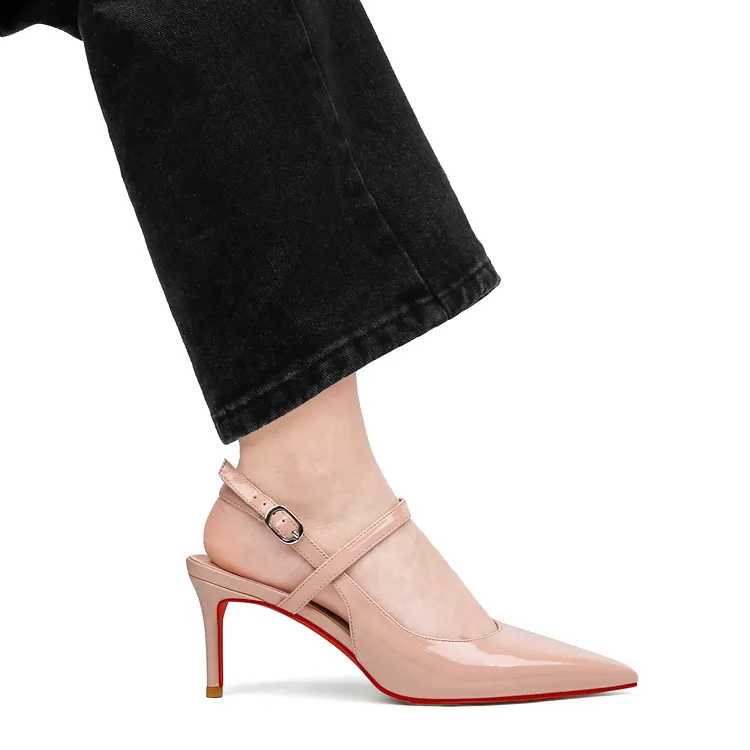 65mm Women Slingback Pumps Ankle Strap Stiletto Mid Heels Pointed Toe Dress Red Bottoms Shoes VOCOSI VOCOSI