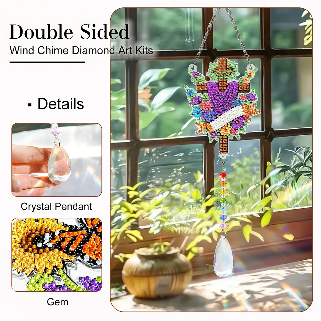 2Pcs Cross Faith DIY Acrylic Diamond Painting Art Wind Chimes with Crystal Pendant Diamond Art Hanging Pendant Double-Sided for Adults Beginners Gift Home Garden Decor