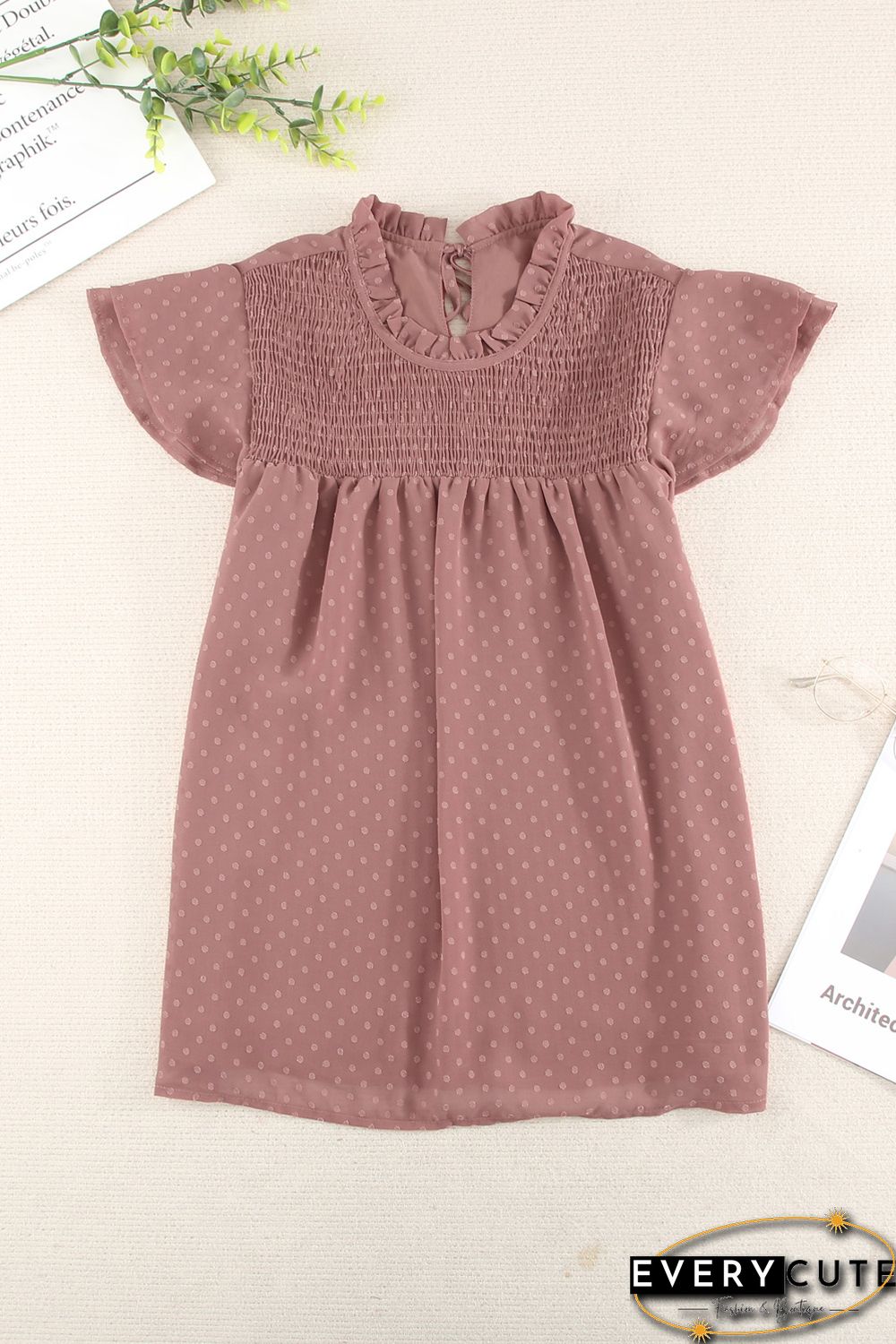 Tiered Sleeve Frilled Neck Dotted Top