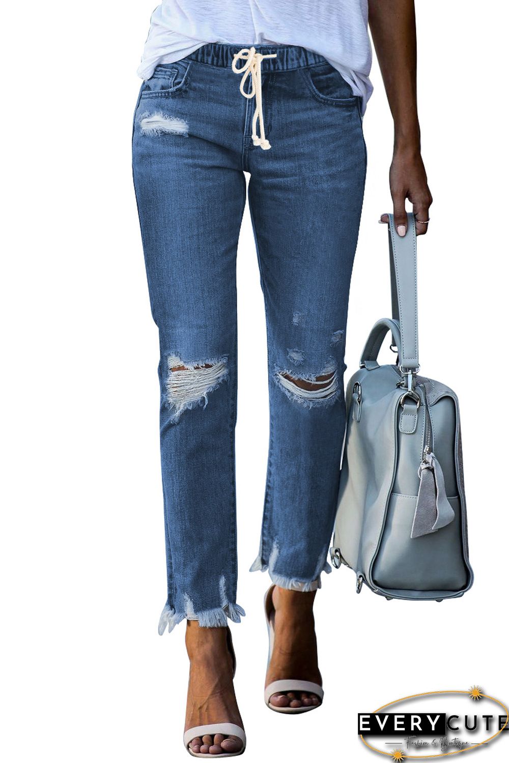 Dark Blue Elastic Waist Straight Leg Destroyed Raw Hem Jeans