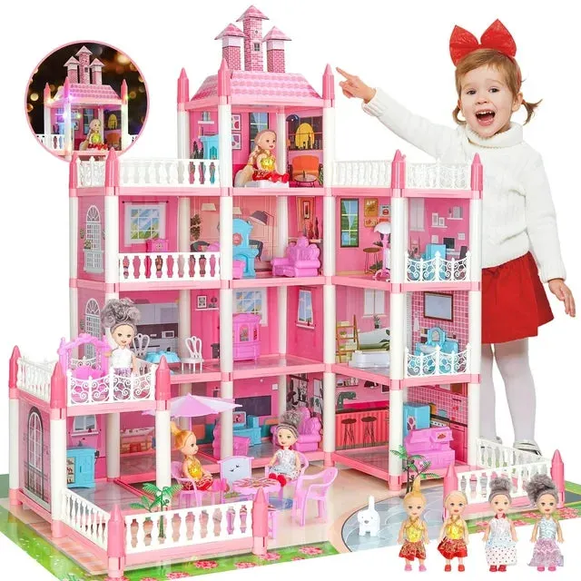 Doll House for Girls Toddlers - Huge Dollhouse with 4 Dolls Figure, Furnitures, Accessories, LED Light, 4 Stories Princess Dreamhouse Toys Gift for Kids 2 3 4 5 6 7 8 Year Old