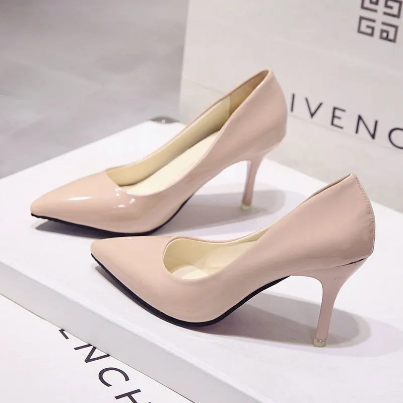 Women Shoes Pointed Toe Pumps Patent Leather Dress High Heels Boat Shoes Wedding Shoes Zapatos Mujer White Blue Red