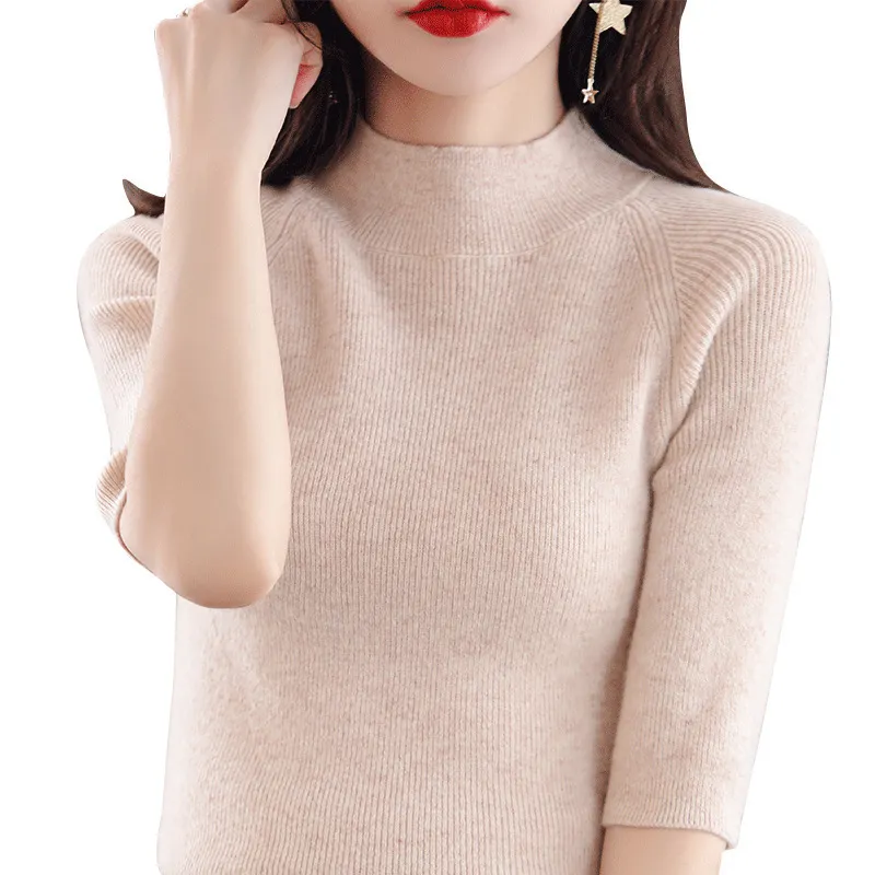 Churchf Churchf Summer Slim Head Five Minute Sleeve Bottom Top New Half High Collar Solid Color Simple Medium Sleeve Sweater Women