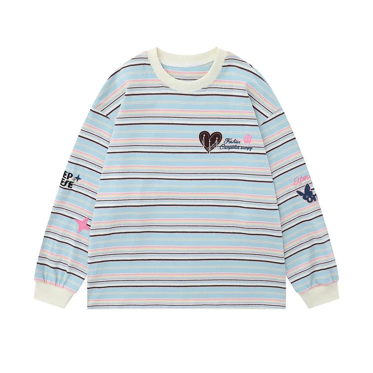 Men Long Sleeve T-Shirt Striped Embroidery