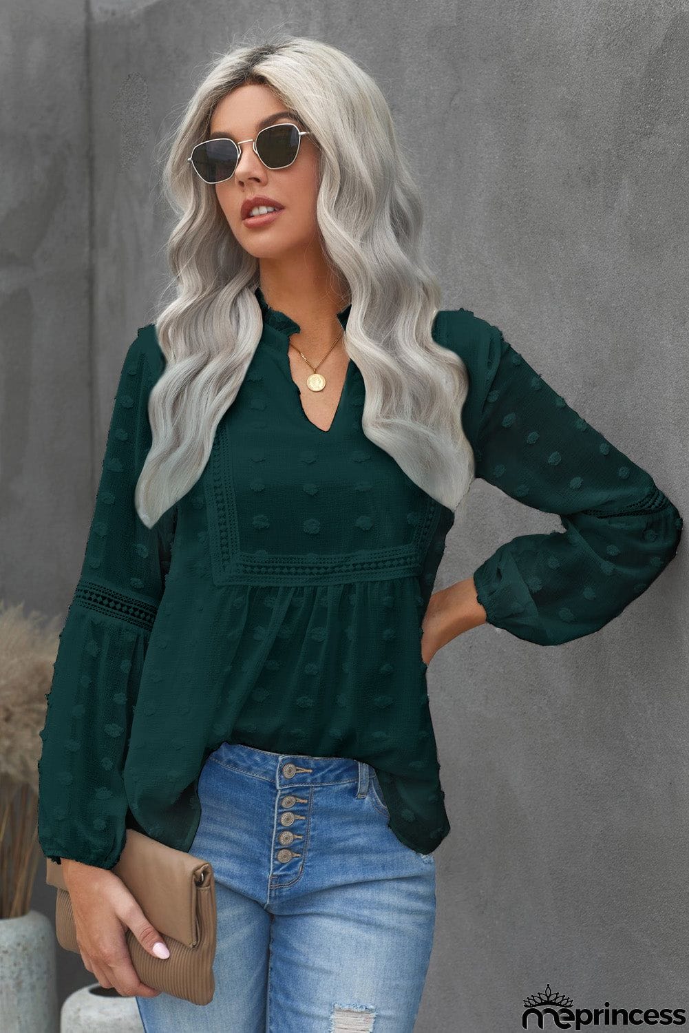 Ruffled Split Neck Lace Hollow Out Puff Sleeve Polka Dot Blouse