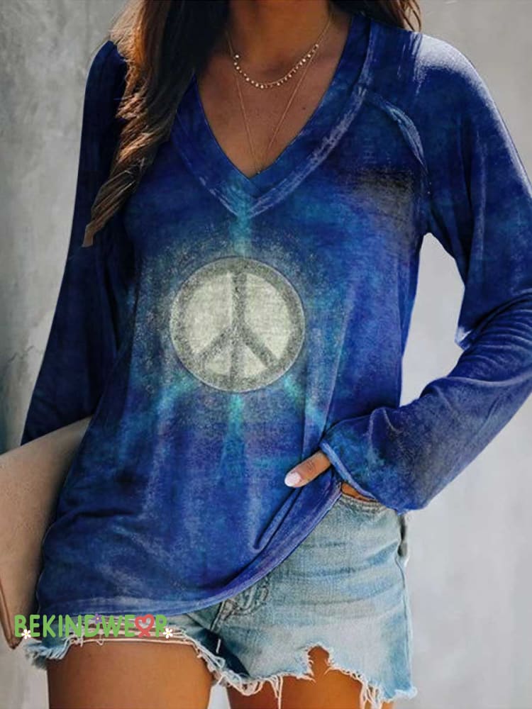Women&rsquo;s Peace Sign Print V Neck Long Sleeve Tops Color / S