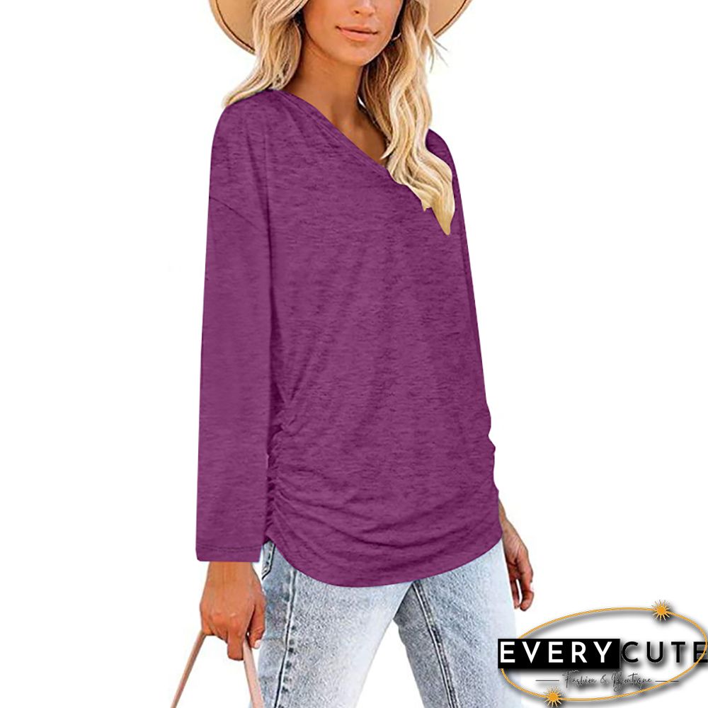 Purple Red V Neck Pleated Long Sleeve Tops