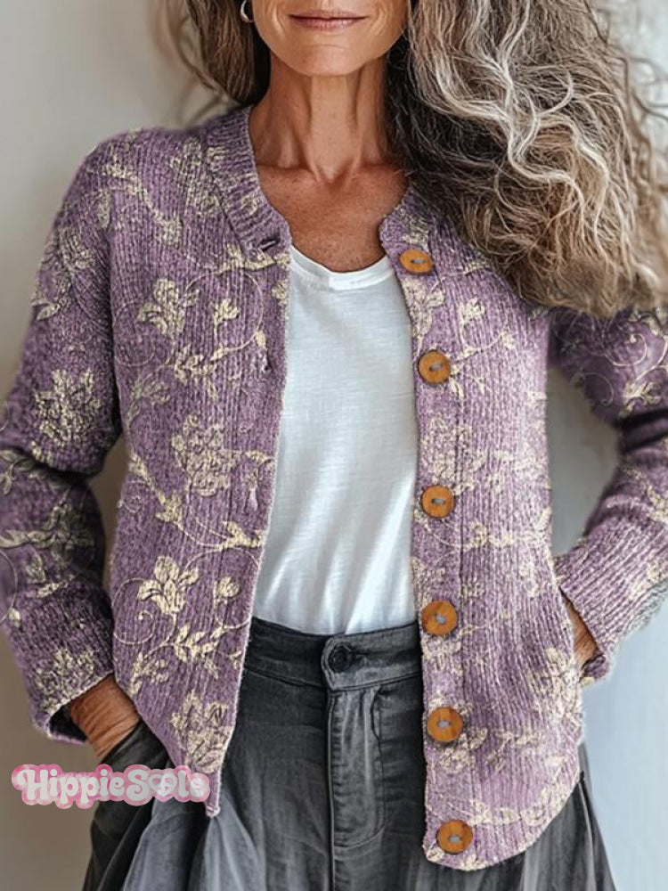 Women&rsquo;s Vintage Floral Art Pattern Print Buttoned Cardigan Sweater Multicolor / S