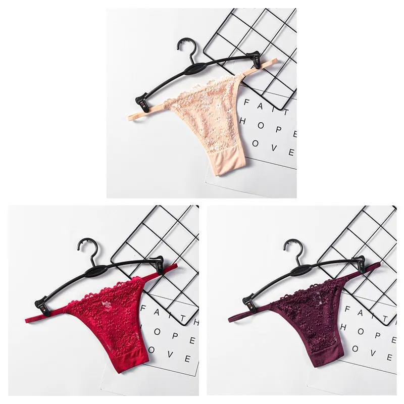 3PCS Sexy Panties Women Lace Low-rise Solid Sexy Briefs Seamless Intimate G-strings Thongs Panty Cotton Crotch Female Underwear