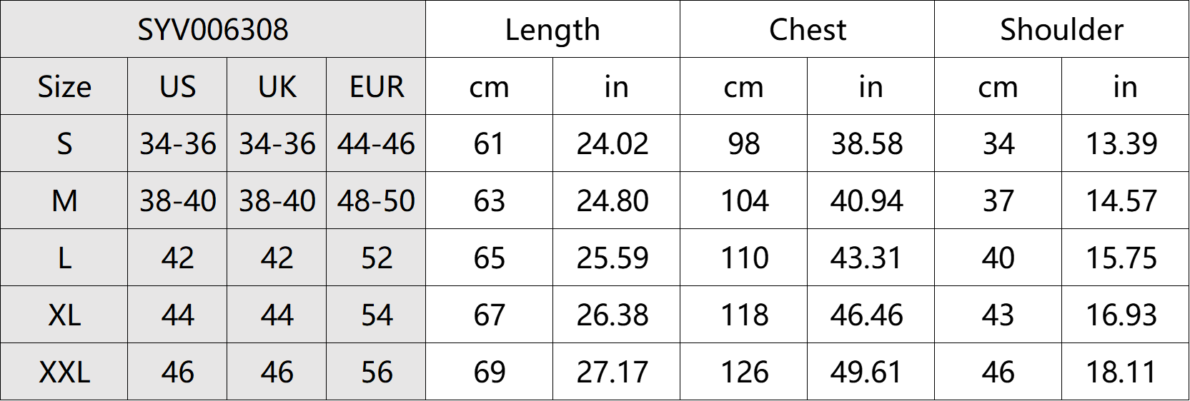 Vintage V-neck Vest Size Chart