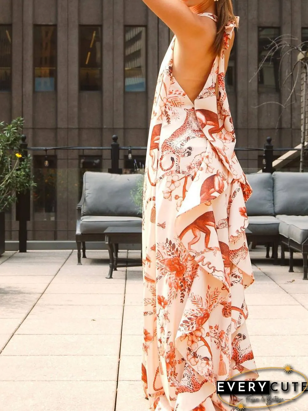Women'S Dresses Printed Halter Bare Back Bow Dress