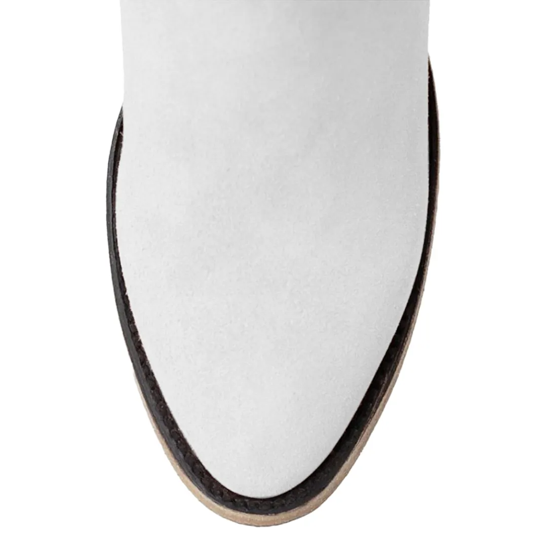 White Faux Suede Round Toe Side-Zip Pull-On Ankle Boots for Women
