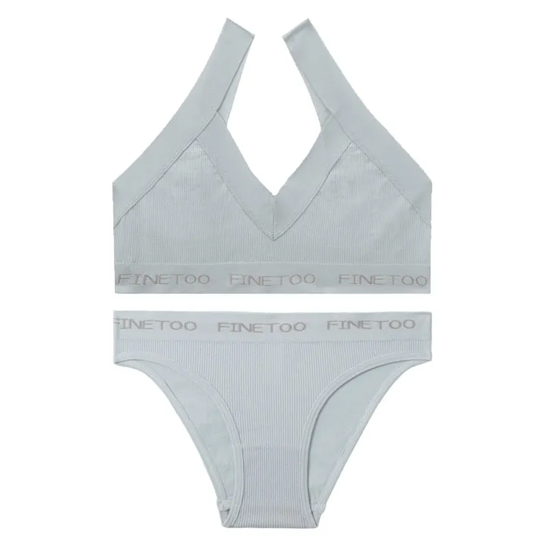 FINETOO Deep V Bra Set M-XL Women Seamless Underwear Girls Soft Tops and Letter Briefs Ladies Bras Set Comfortable Lingerie Set