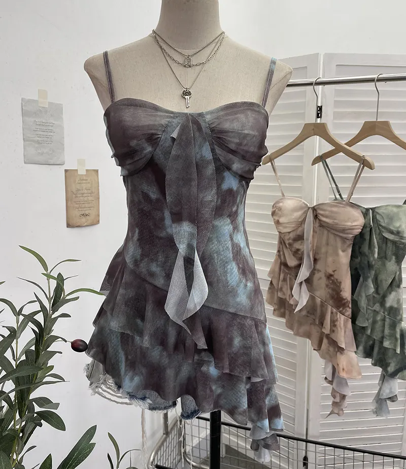 Churchf Real Shooting 2025 Spring And Summer New With Chest Cushions Dyed Mesh Sling Sling Vest Irregular Lotus Leaf Side Top 1139