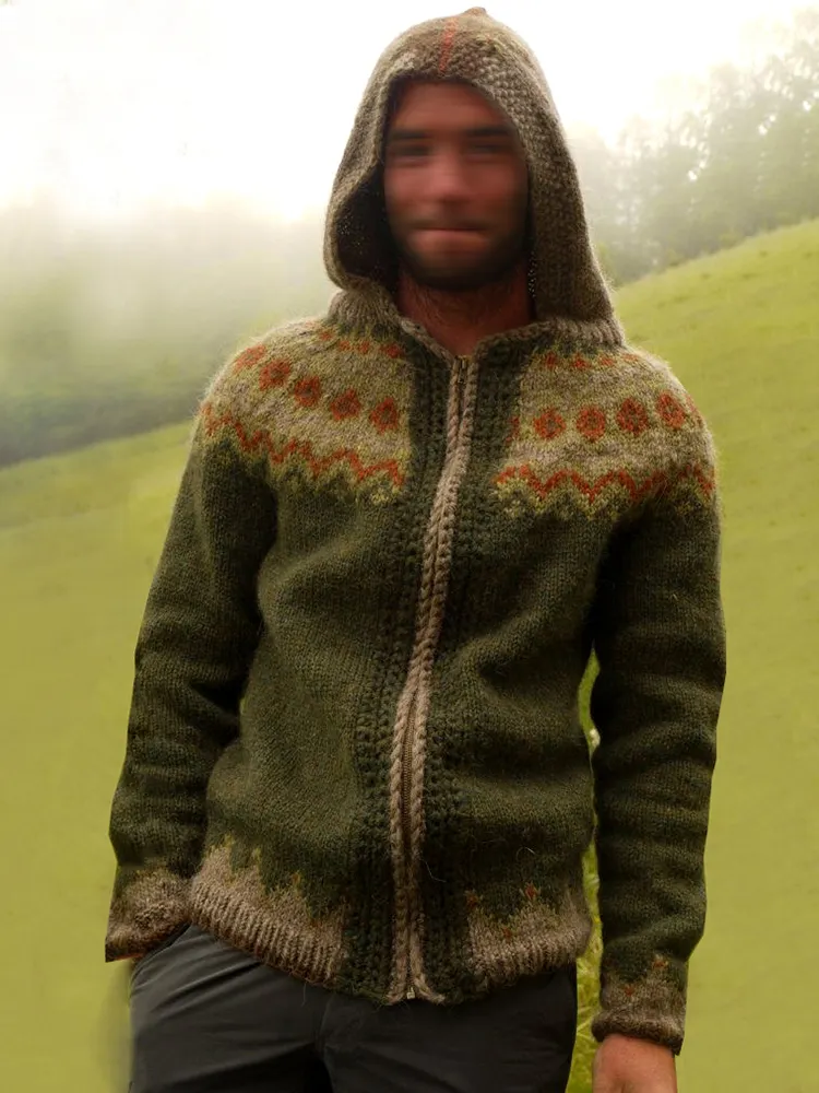 Forest Green Iceland Jacquard Zipper Up Hooded Sweater