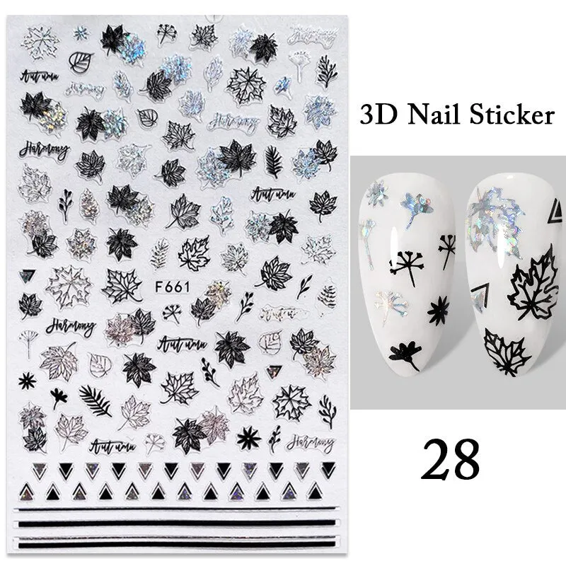 1PC iridescent Gold Black White 3D Nail Sticker Leaves Geometric Tropical Beach Decals DIY Slider Decoration Manicures-Nail Inspo