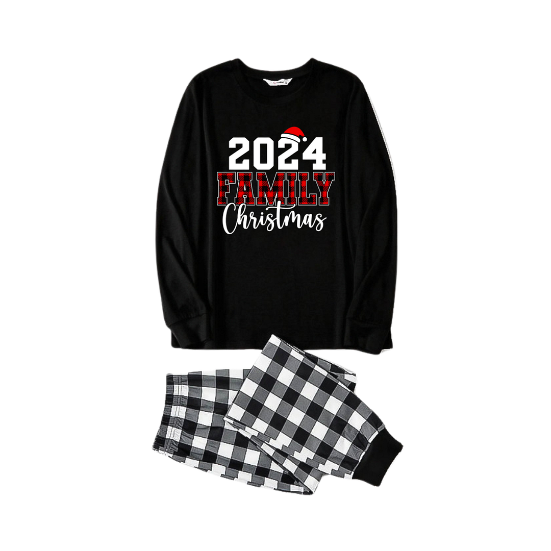 2024 Family Christmas Text Print Black Long Sleeve Top with Black And White Plaid Pants Family Matching Pajamas