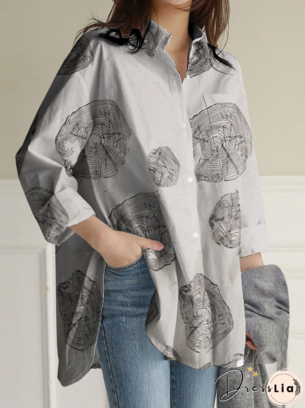 Geometry Print Long Sleeves Casual Loose Blouse With Pockets