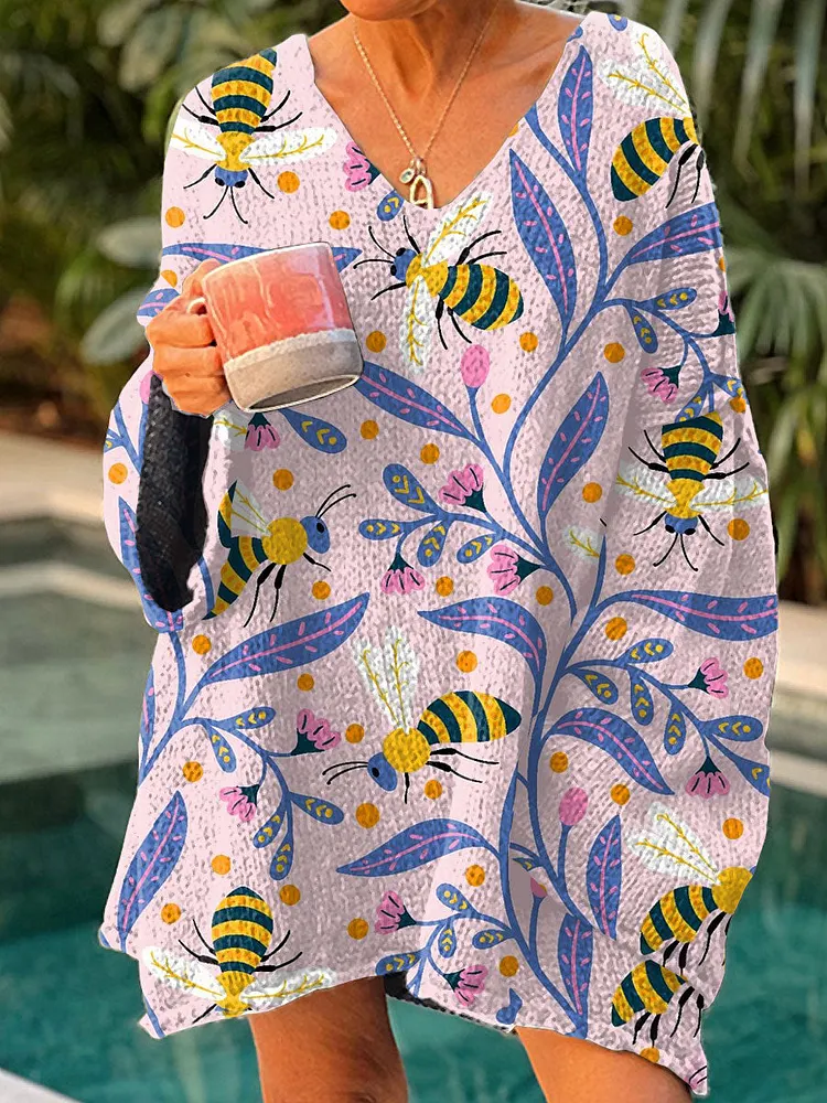 Women's Vintage Bee Floral Art Print Casual Pullover Sweater