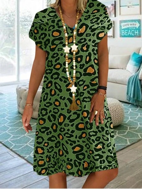 Loose Short Sleeve V-Neck Leopard Print Casual Dress