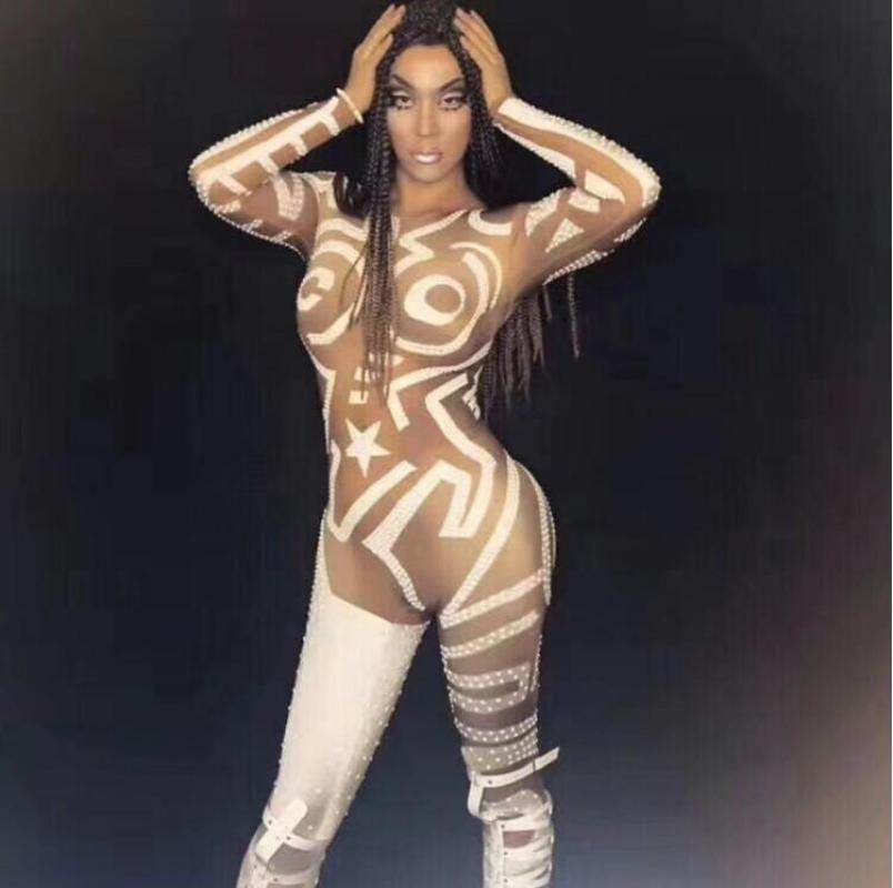 GOOSHOE Rhinestones Rompers Jumpsuit Women's Outfit Bodysuit Costume Leotard