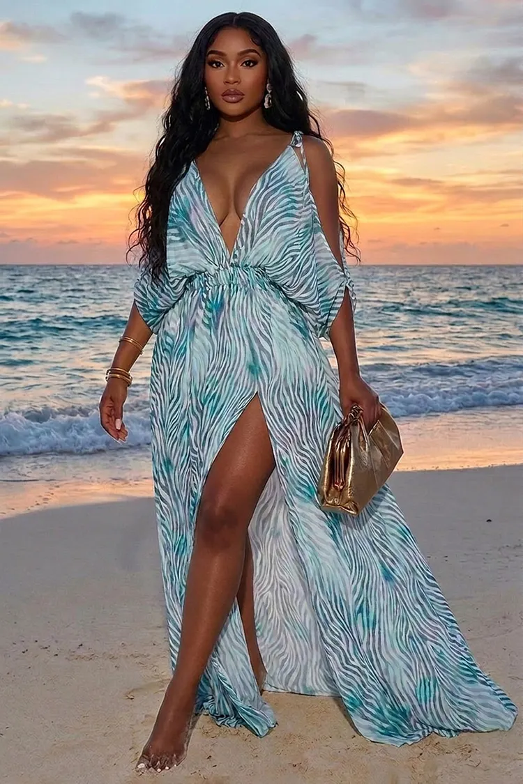 Deep V Neck Cold Shoulder Wavy Slit Vacation Maxi Dresses-Blue [Pre Order]