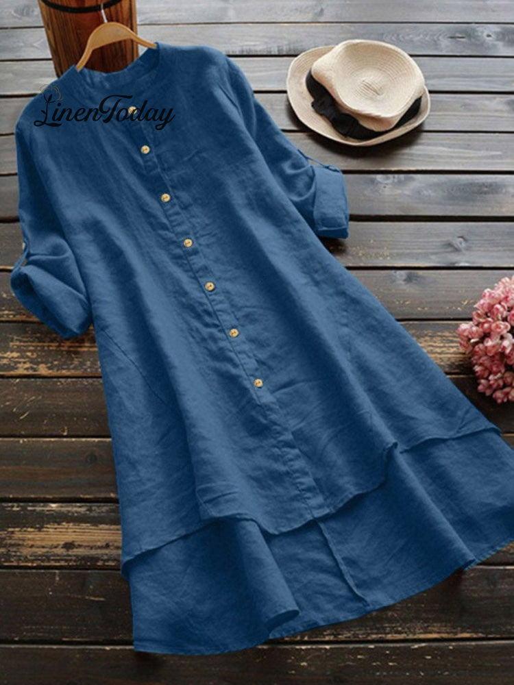 Women&rsquo;s Solid Color Loose Elegant Casual Cotton And Linen Shirt Dress Blue / S
