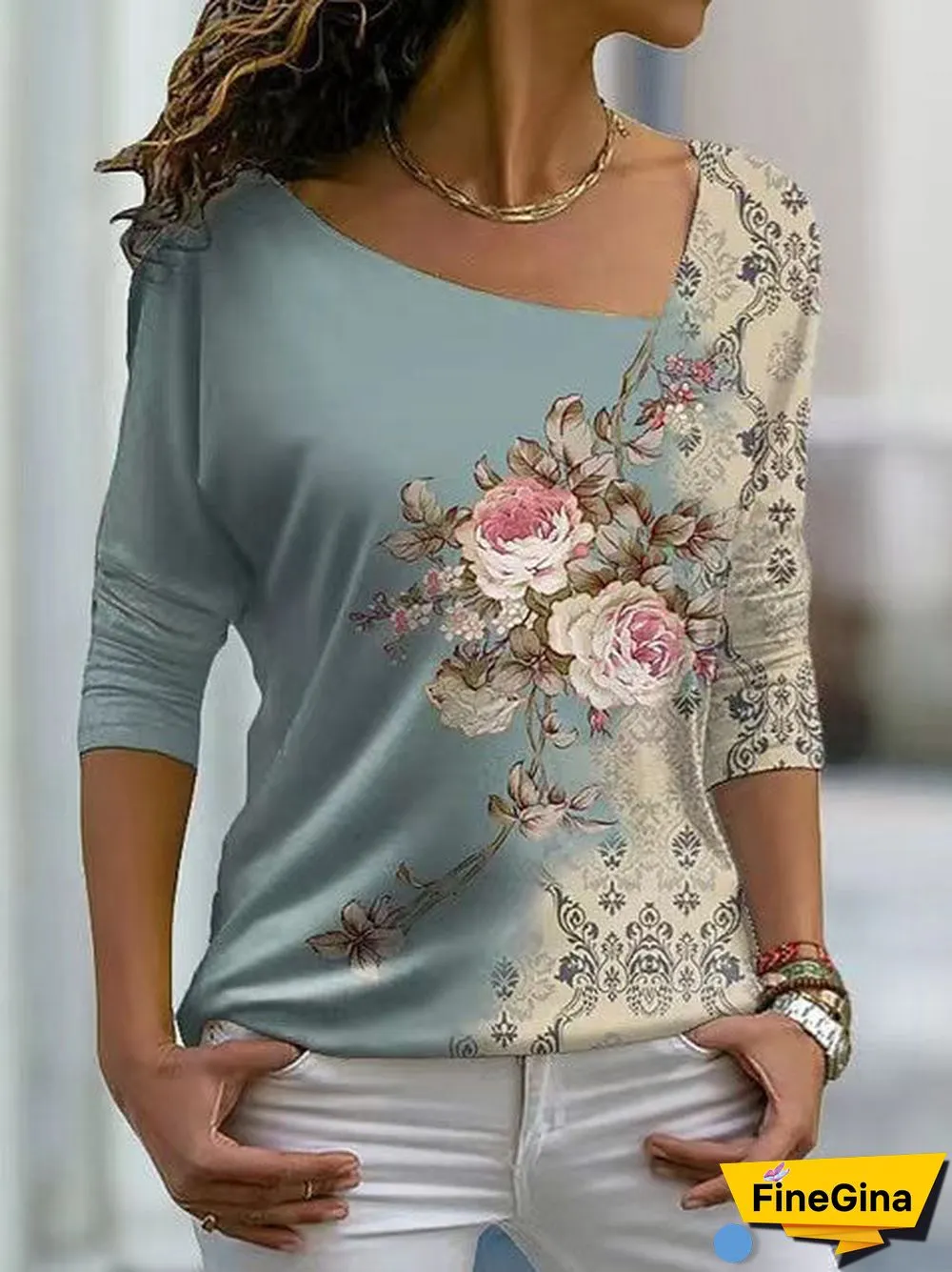 Women's Long Sleeve Scoop Neck Floral Print Casual Top