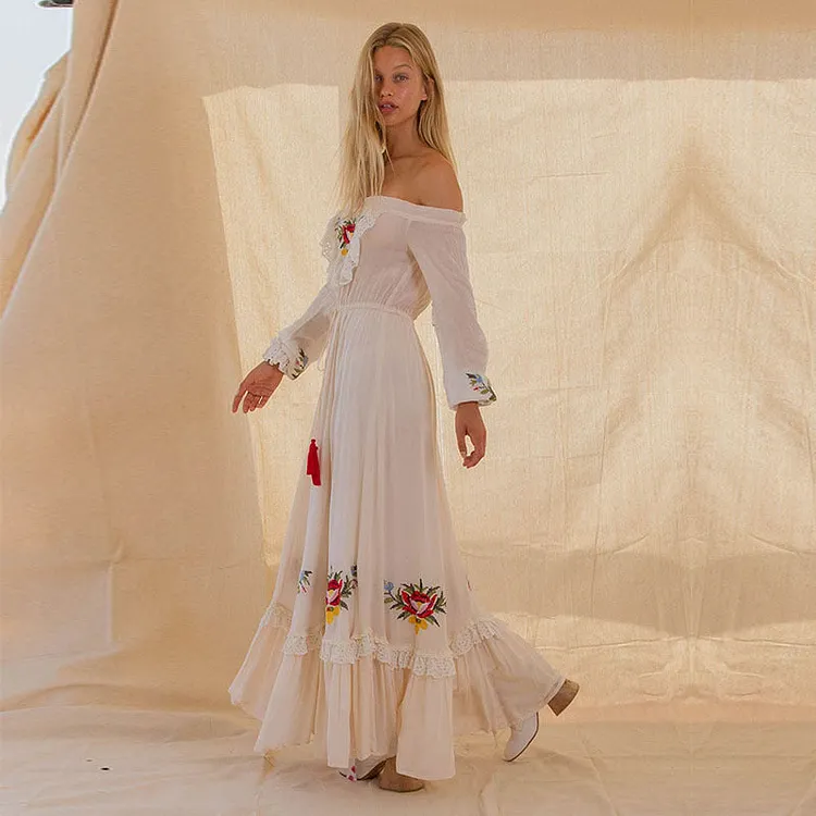 Women Dresses off-Shoulder Embroidered Flower Lace Cuff Fashion Dress