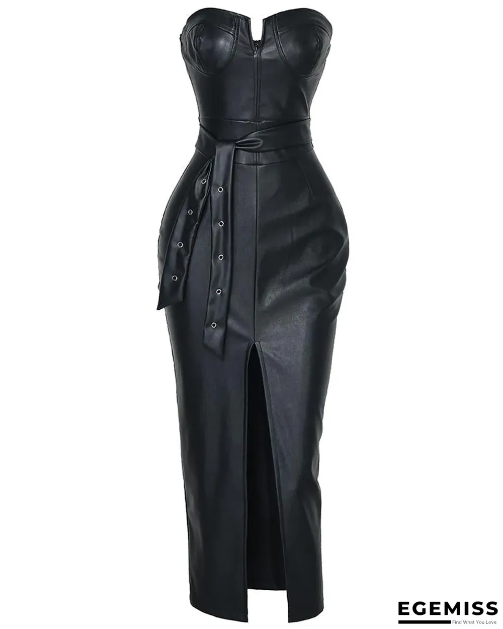Solid Tube Slit Coated PU Dress Black Dresses | EGEMISS
